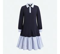 Vestito casual elegante stile college per ragazze pre-adolescenti, con colletto a camicia, a righe blu e bianche a contrasto, maniche lunghe, patchwork, ampio a trapezio, lunghezza media, per la stagi