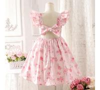 Vestito casual per ragazze pre-adolescenti in stile elegante e raffinato, con stampa floreale intrecciata, rifiniture con volant e laccio sulla schiena, look da principessa, adatto per la stagione dei