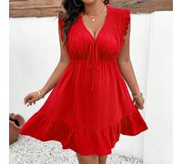 Vestito casual senza maniche con collo a canotta, vita arricciata e colore tinta unita, adatto per abbigliamento da festa di Capodanno, in taglie comode 0XL,1XL,2XL,3XL,4XLColore unicoTessuto intrecci