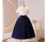 Vestito chiffon di media lunghezza, con pizzo, slim fit, versatile e leggero, adatto per la scuola, colore blu navy, per ragazze 8Y,9Y,10Y,11Y,12YColore unicoPoliestere