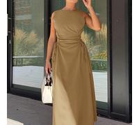 Vestito color cachi con lacci incrociati ai lati, plissettato, adatto per appuntamenti, stile occidentale, vintage, per tornare a scuola, per l'ufficio L,M,S,XSColore unicoTessuto intrecciato
