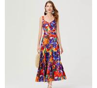 Vestito Completo Donna Set Tailleur Top Camicia Gonna Viola Fiori Raso 07756