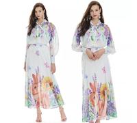 Vestito Completo Donna Set Tailleur Top Camicia Gonna Viola Fiori Raso 11427