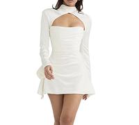 Vestito con Balze Elegante per Donne Vestito Stretto Maniche Lunghe Svasato Vestito Girocollo Senza Schienale per Serata Cocktail Sfera (Blanc, L)