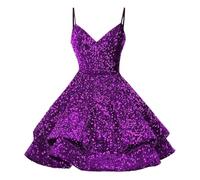 Vestito con Paillettes Donna, Abito da Sera con Bretelle da, Abito con Paillettes, Abito da Banchetto in Tinta Unita, Piccolo Abito (Dark Purple, 10)