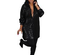 Vestito con Paillettes Donna, Mini Abito da con Paillettes Camicetta Scintillante con Bottoni Camicie a Tunica Plus Size Abiti Sexy con Camicia a Maniche Lunghe con Scollo a V (Black, L)