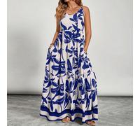 Vestito con stampa floreale, tasche e volant sull'orlo, adatto per vacanze, taglie forti donne 0XL,1XL,2XL,3XL,4XL,5XLBlocchi di colore,Piante,stampa dappertuttoTessuto intrecciato