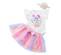 Vestito Coniglio Bambina 3 Pezzi Pasqua Set Cartone Coniglio Completi Abbigliamento Neonata My First Easter Abiti per Pasqua Vestito da Coniglio Ruffle Tutina Top+Tutu Gonn Fascia (B, 6-9 Months)