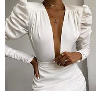 vestito corto aderente scollato bianco elegante manica lunga slim 4939
