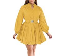 Vestito Corto Donna a Camicia Colore Unito con Collo in Piedi e Maniche Lunghe Vita Segnata Elegante Moda Donna(Yellow, XXL)