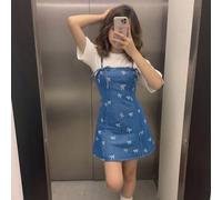 Vestito corto in denim blu con fiocco bianco, stile casual Y2K vintage, semplice e confortevole, adatto a ragazze pre-adolescenti per la scuola, il college, l'uso quotidiano, gli eventi e il tempo lib
