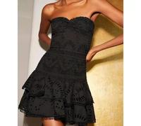 Vestito Corto Nero A Fascia Ricamato Con Balze Eleganti Estive CF48195