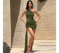Vestito Corto Verde Oliva Monospalla Sexy Con Drappeggio E Spacco CF52400