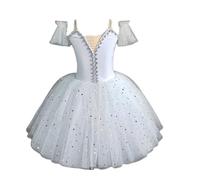 Vestito da Balletto per Bambine, con Paillettes Lucide tutù Ballerina Abito in Rete Body Ginnastica Senza Maniche Pattinaggio Artistico sul Ghiaccio Abito Competizione di Danza,Bianca,140