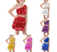 Vestito da Ballo Bambina Latino Americano Paillettes Abito da Ballo Tutu Monospalla Crop Top Tango Costume Salsa Jazz Dancewear Artistico Vestito da Pattinaggio