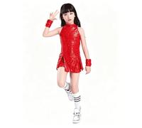 Vestito da Ballo con Paillettes per Ragazza Abbigliamento Performance Jazz E Hip Hop con Polsini per Bambini E Saggi,Rosso,140cm