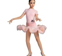 Vestito da Ballo Latino A Maniche Corte per Bambina con Gonna Ampia E Svasata per Salsa Rumba Cha Cha Samba E Tango (150)