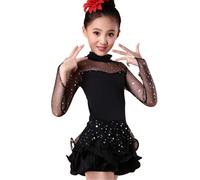 Vestito da Ballo Latino a Maniche Lunghe per Bambine, per Sala da Ballo, Salsa Tango Gonna Costume da Ballo Competizione,Nero,140