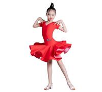 Vestito da Ballo Latino per Bambine, a Maniche Corte, con Scollo a V, Costume da Spettacolo cha-cha per Bambini per Competizione di Ballo da Sala Tango Salsa,Rosso,170