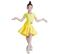 Vestito da Ballo Latino per Bambine, a Maniche Corte, con Scollo a V, Costume da Spettacolo cha-cha per Bambini per Competizione di Ballo da Sala Tango Salsa,Giallo,140cm