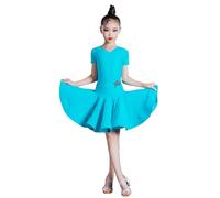 Vestito da Ballo Latino per Bambine, a Maniche Corte, con Scollo a V, Costume da Spettacolo cha-cha per Bambini per Competizione di Ballo da Sala Tango Salsa,Lake Blue,140cm