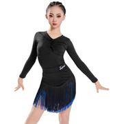 Vestito da Ballo Latino per Ragazze, da Sala da Ballo, da Competizione, da Ballo, da Allenamento, con Scollo a V, Gonna con Volant, Costumi da Festa e Tango,Black And Blue,150cm
