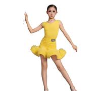 Vestito da Ballo Latino per Ragazze, in Nylon, per Tango, da Competizione con Scollo a V per spettacoli sul palco Gonna con Spacchi Abbigliamento per la Pratica,Giallo,120