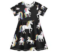 Vestito da bambina a maniche corte carino unicorno bianco nero A-line abito bambino con protezione solare UPF50+, 2T, Simpatici unicorni bianchi neri, 5-6 Anni