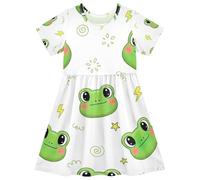 Vestito da bambina a maniche corte carino verde fumetto rana una linea estiva casual vestito, 2T, Simpatico cartone animato verde rana, 7-8 Anni