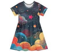 Vestito da bambina a maniche corte con stelle colorate e nuvole, vestito estivo per bambini, UPF50 Plus, asciugatura rapida, 2T, Nuvole di stelle colorate, 7-8 Anni