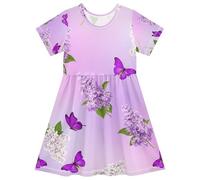 Vestito da bambina a maniche corte lilla fiori viola farfalle comodo una linea vestito per bambini, 2T, Fiori Lilla Farfalle Viola, 5-6 Anni