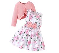 Vestito da bambina a maniche lunghe, linea ad A, floreale, casual, da festa, con cardigan, per bambini dai 4 ai 13 anni, rosa, 7-8 Anni
