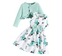 Vestito da bambina a maniche lunghe, linea ad A, floreale, casual, da festa, con cardigan, per bambini dai 4 ai 13 anni, Verde, 2-3 Anni