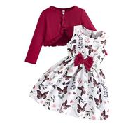 Vestito da bambina a maniche lunghe, linea ad A, floreale, casual, da festa, con cardigan, per bambini dai 4 ai 13 anni, Rosso, 4-5 Anni