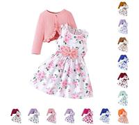 Vestito da bambina a maniche lunghe, linea ad A, floreale, casual, per feste, con cardigan, per bambini dai 4 ai 13 anni (90-140), rosa, 140