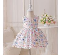 Vestito da bambina con stampa floreale, fiocco di raso, scollo a V e senza maniche, abito da principessa per festa di Pasqua 6-9M,9-12M,12-18M,18-24M,2-3YFloreale,PianteLa stampa ad effetti speciali