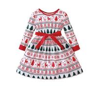 Vestito da Bambina di Natale Completo Bambina Natale Stampa Abito Ragazza Bambina a Maniche Lunghe Abiti Neonata Natalizio Babbo Vestiti Principessa Elegante Bambina Abito per (ZB-Red, 2-3 Years)