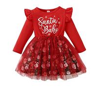 Vestito da Bambina di Natale Completo Bambina Natale Stampa Abito Ragazza Bambina a Maniche Lunghe Abiti Neonata Natalizio Babbo Vestiti Principessa Elegante Bambina Abito per (Y3-Red, 5-6 Years)