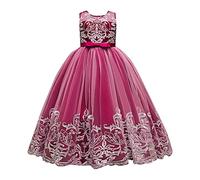 Vestito da bambina floreale in pizzo per bambini, matrimonio, damigella d'onore, concorso, festa, maxi abito formale, lungo, grande primo compleanno, ballo, ballo, paillettes, fiocco, rosa intenso,