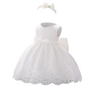 Vestito da bambina in pizzo per battesimo, con fiocco, per matrimonio, battesimo, tutù, per il primo compleanno, bianco, 6-12 Mesi
