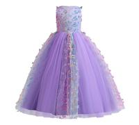 Vestito da bambina senza maniche, con farfalla e linea A, in tulle, per damigella d'onore, per la prima comunione, compleanno, festa, abito da sera lungo, A#lilla, 7-8 Anni