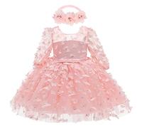 Vestito da battesimo bambina a maniche lunghe 3D farfalla principessa tutù vestito in tulle+fiore fascia per compleanno, Colore: rosa., 12 Mesi