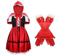 Vestito da Cappuccetto Rosso Donna, Fiocco Carino Costume di Halloween Abiti da Vestire per Ragazze con Mantello Guanti per Halloween Fantasia Abito Festa Cosplay 13-14 Anni (L)