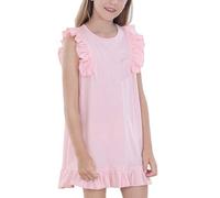 Vestito da casa da ragazza alla moda tinta unita con volant senza maniche scollo rotondo abito ampio estivo comodo orlo increspato sottile abbigliamento per la casa abiti casual per 2-14 anni, rosa