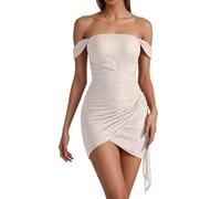 Vestito da Cerimonia Donna - Abito da Sera Elegante e Sexy da, Aderente, con Paillettes e Spalle Scoperte, in Tinta Unita, per Serate Fuori e Clubwear (Silver, L)