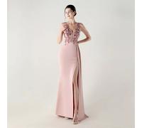 Vestito Da Cerimonia Rosa Chiaro Romantico Con Ricami E Spacco CF53571