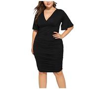 Vestito da Cerimonia Taglia Forte Linea ad A Scollo a V Appliques Plissettato Donna Taglie Forti Abito con Paillettes da Sera Elegante Stile Impero Maniche 3/4