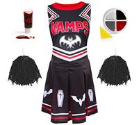 Vestito da cheerleader da vampiro da donna, taglia XL, colore: nero, con pompon rossi, sangue finto e pittura facciale