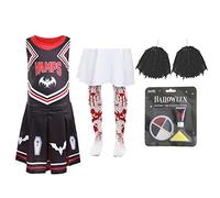 Vestito da cheerleader vampiro per Halloween, da bambina, taglia M, colore nero con pompon rossi, sangue finto e vernice per il viso