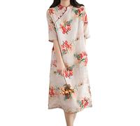Vestito da Cheongsam etnico tradizionale cinese di lino del cotone stampato di bambù floreale delle donne, A-red, M